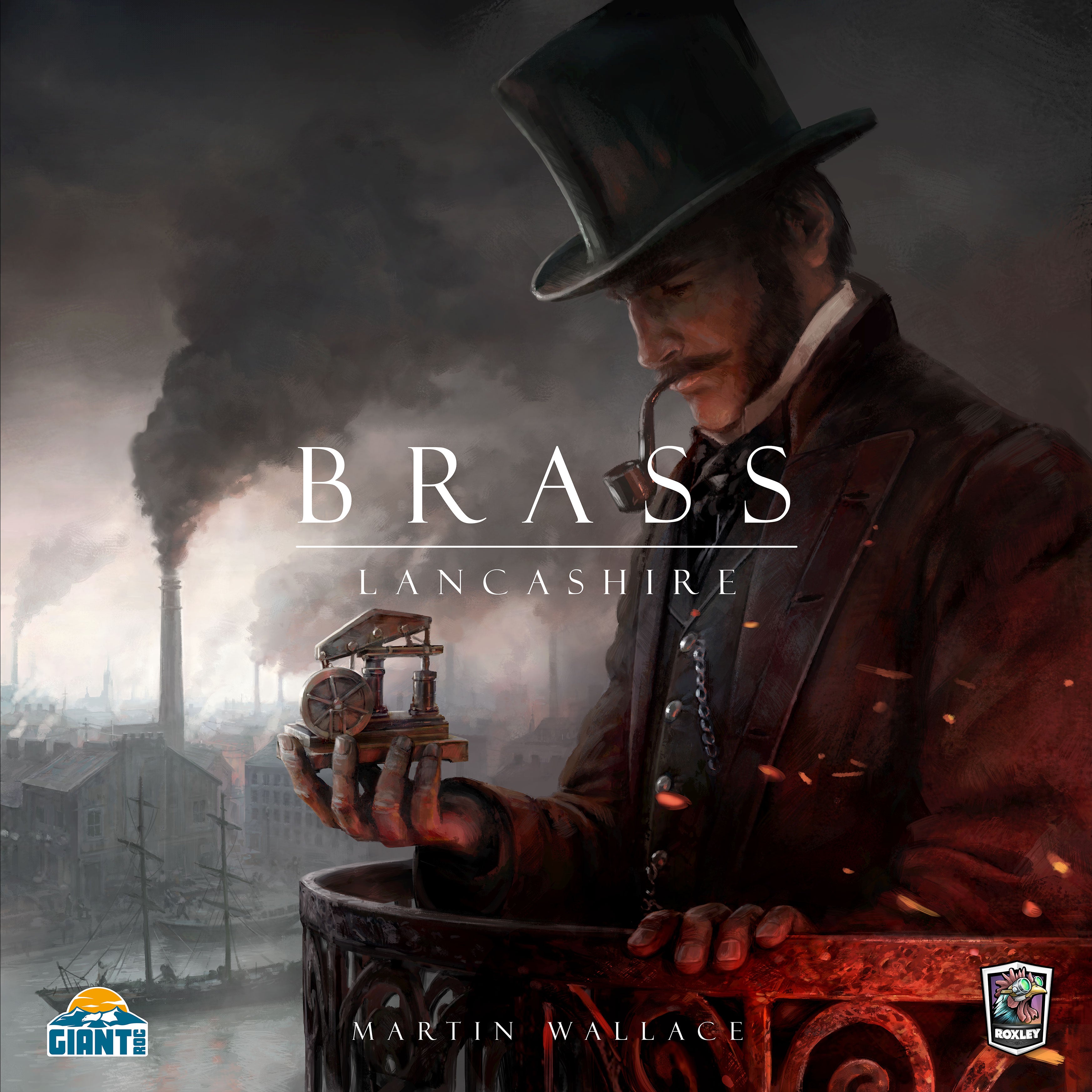 Brass Lancashire Cover der Spielschachtel; Mann in Anzug vor Industriegebäuden