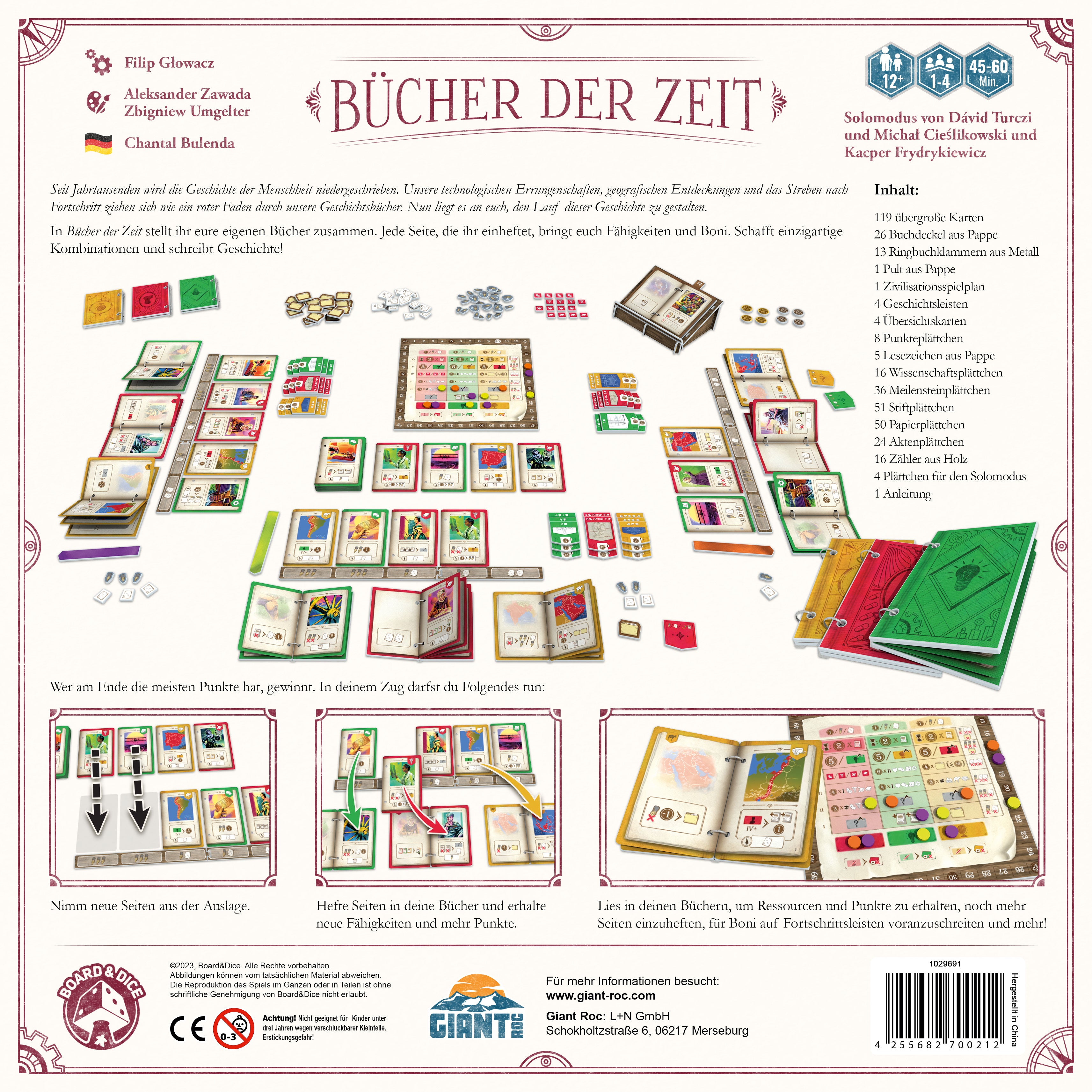 Bücher der Zeit Rückseite der Spielschachtel mit Infos, Inhaltsangabe und Abbildung des Spielmaterials;