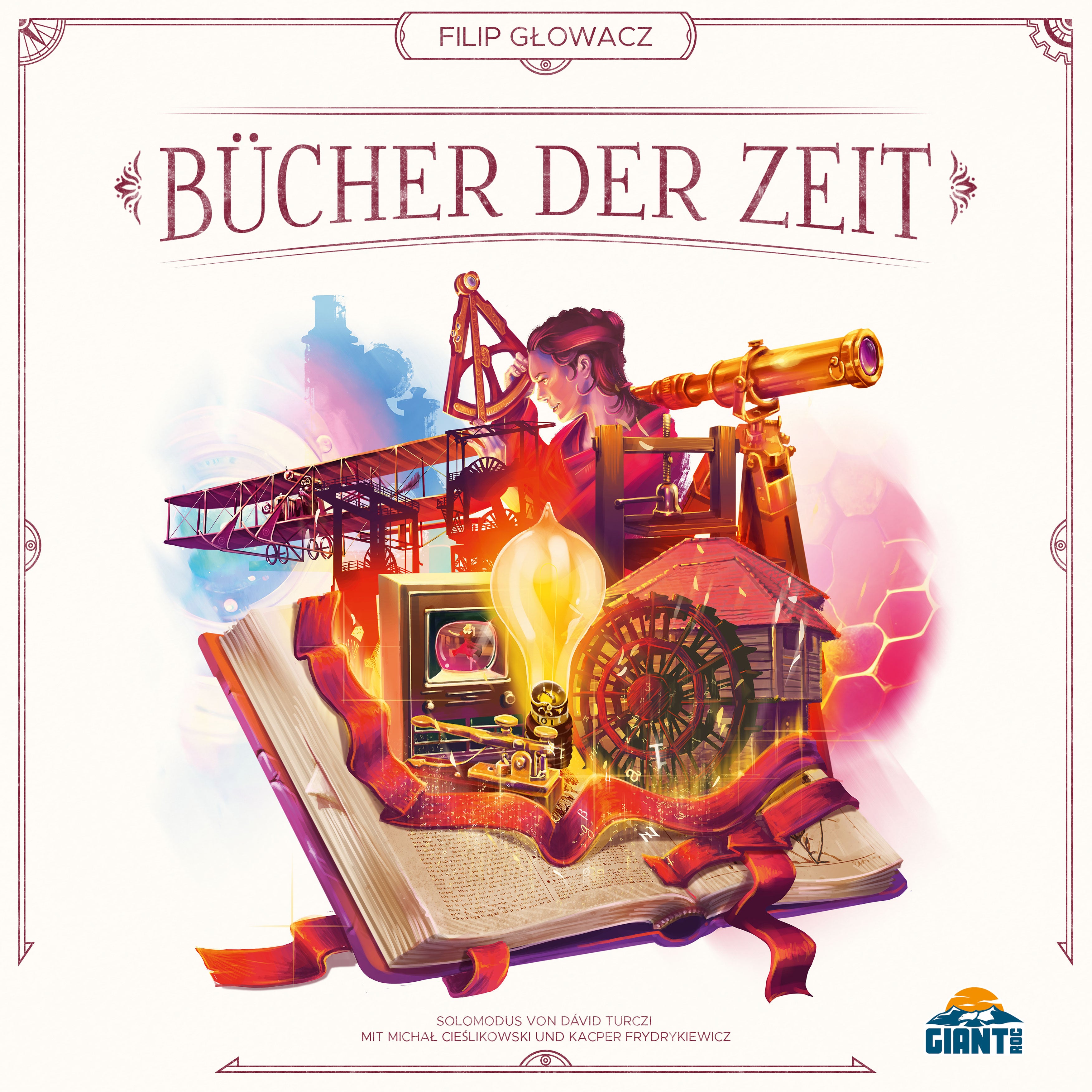 Bücher der Zeit Cover der Spielschachtel. Geöffnetes Buch mit Errungenschaften der Geschichte