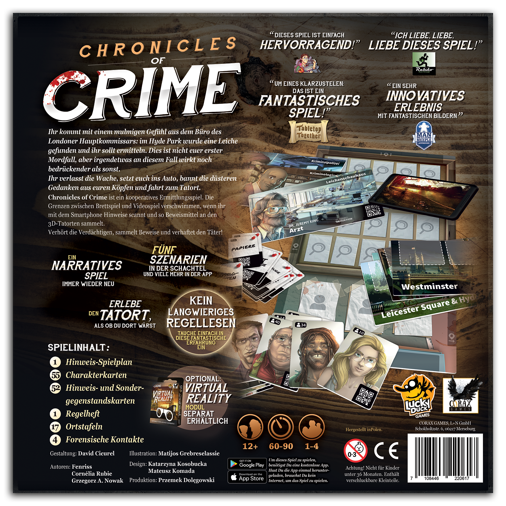 Chronicles of Crime Rückseite der Spielschachtel mit Infos, Inhaltsangabe und Abbildung des Spielmaterials