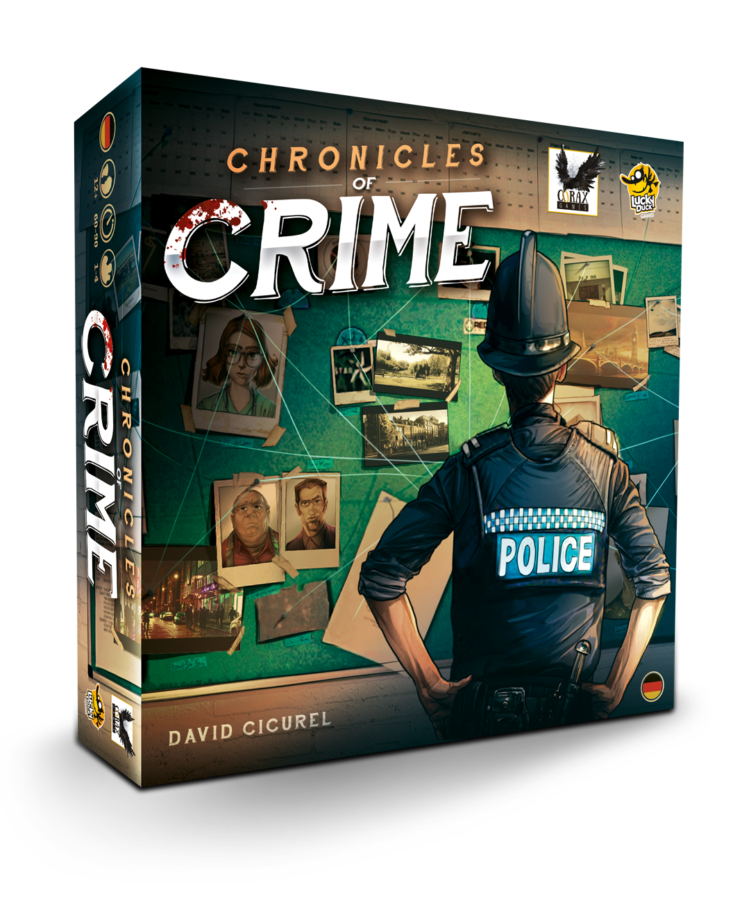 Chronicles of Crime Cover der Spielschachtel; Ermittler steht vor Pinnwand mit Hinweisen