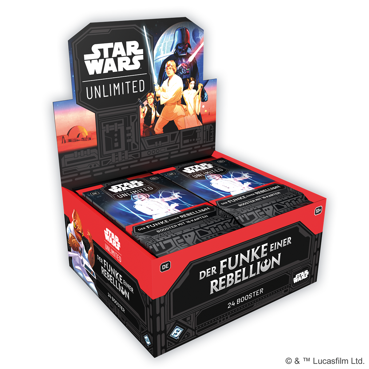 Display des Trading Card Games Star Wars: Unlimited aus der Reihe "Der Funke einer Rebellion".