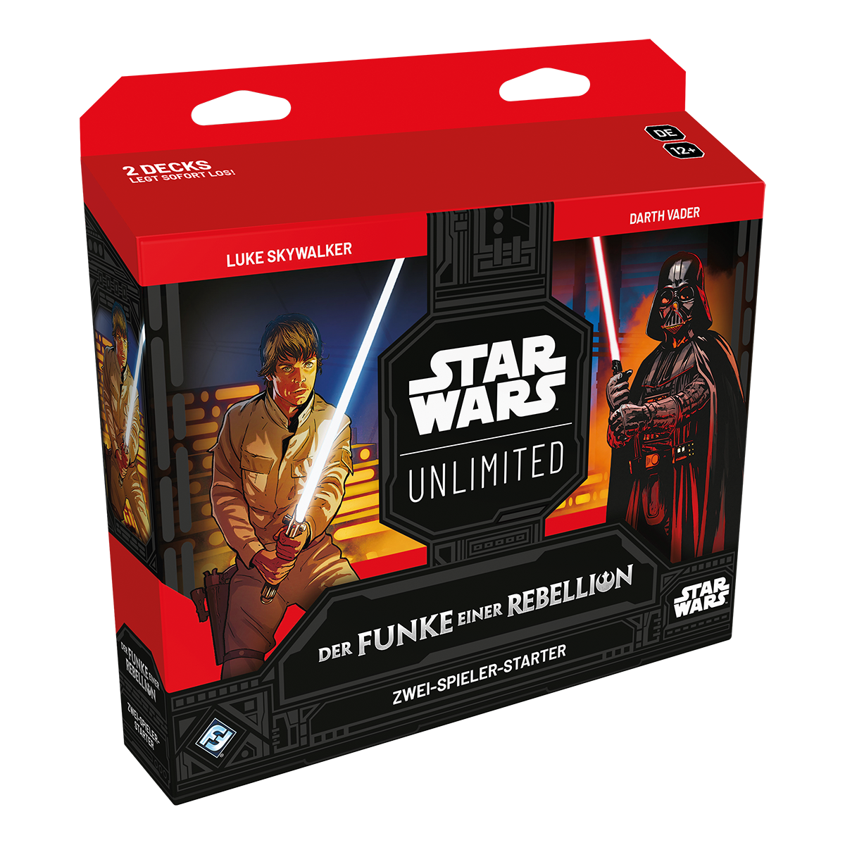 Cover des Zwei-Spieler-Starter Set zum Trading Card Game Star Wars: Unlimited. Auf der linken Seite ist Luke Skywalker abgebildet, auf der rechten Darth Vader.