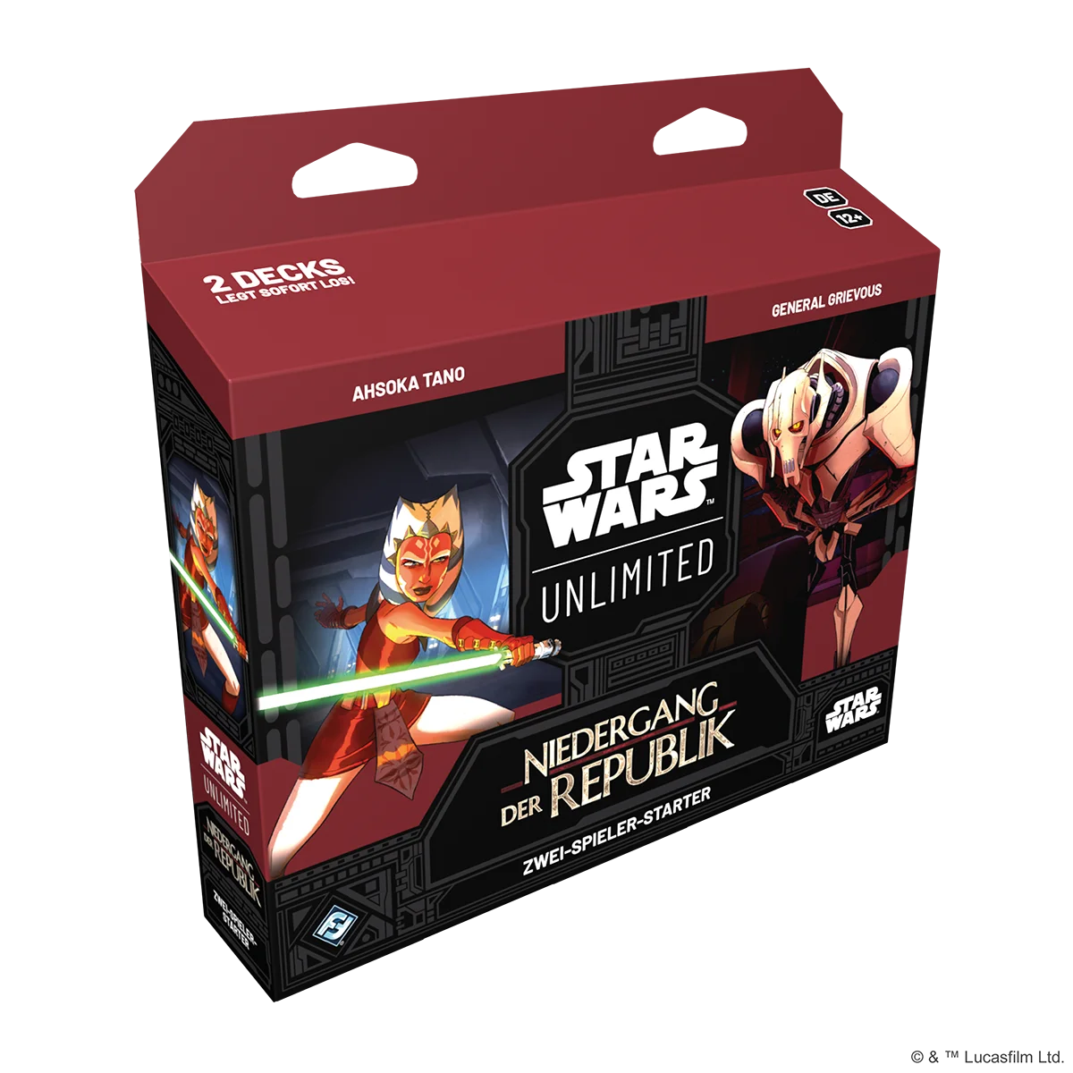 Star Wars Unlimited: Niedergang der Rebublik - 2 Spieler Starter Set. Spielschachtel mit Bild von Ahsoka Tano links und General Grievous rechts