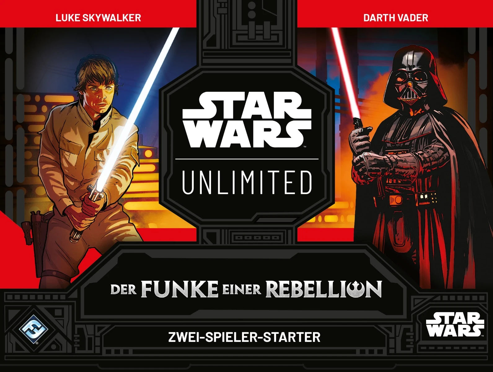 Cover des Zwei-Spieler-Starter Set zum Trading Card Game Star Wars: Unlimited. Auf der linken Seite ist Luke Skywalker abgebildet, auf der rechten Darth Vader.